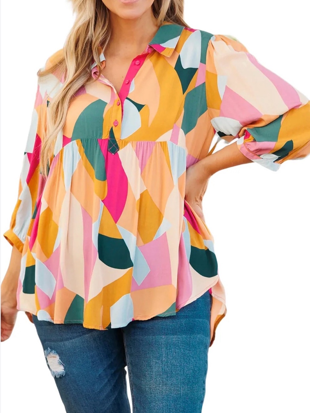 Umgee Geometric Colorblock Henley Blouse in Pink, Mustard & Green